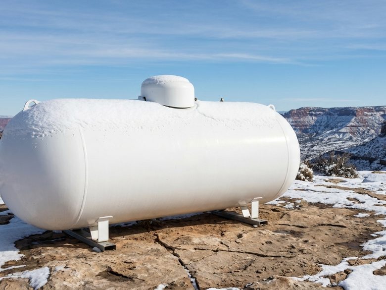 Propane tank with snow on regulator dome on a winter mesa landscape
